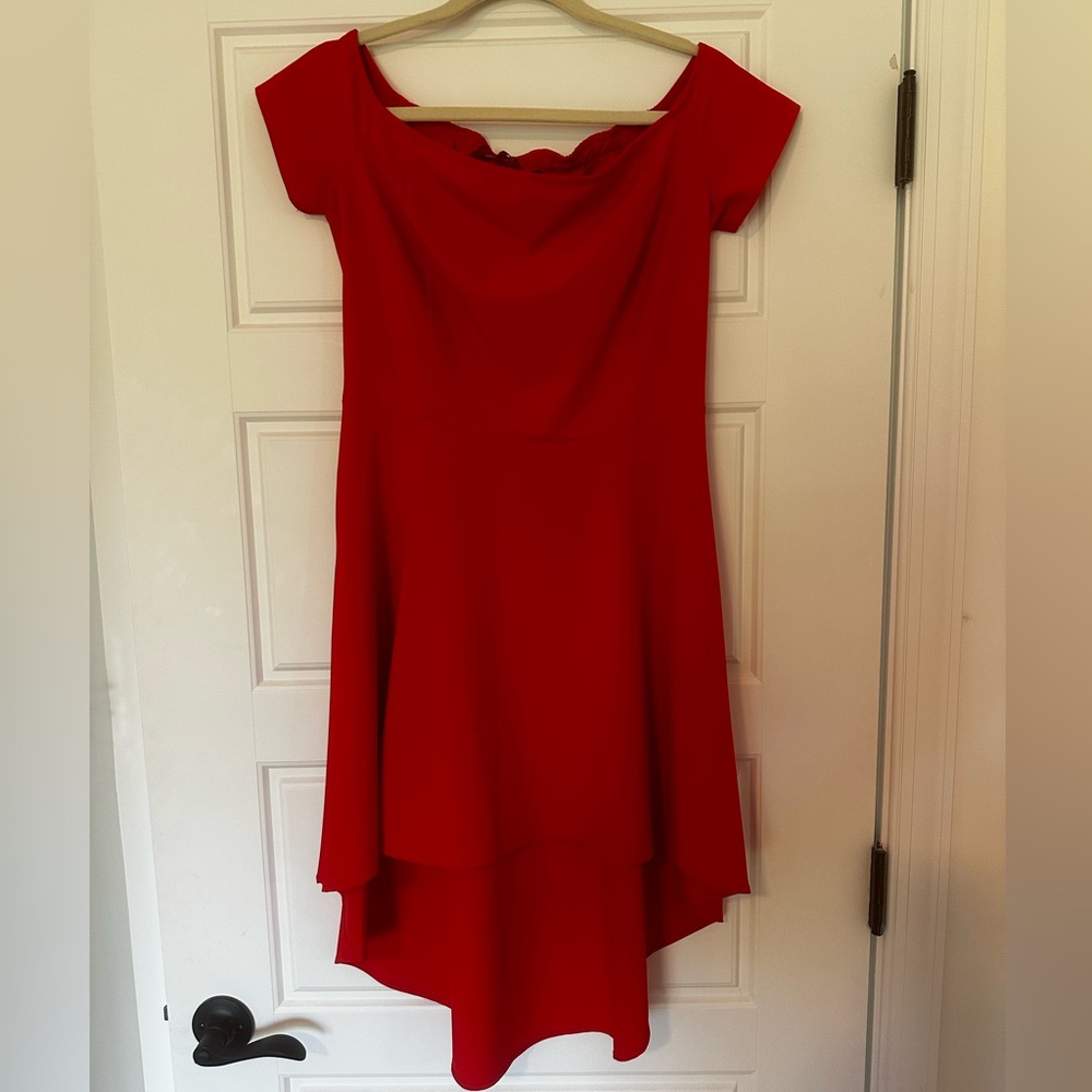 Blue Sand Red Off-The-Shoulder High-Low Dress